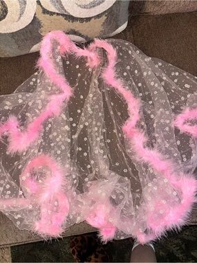 Pink Feather Trim Sheer Floral Robe